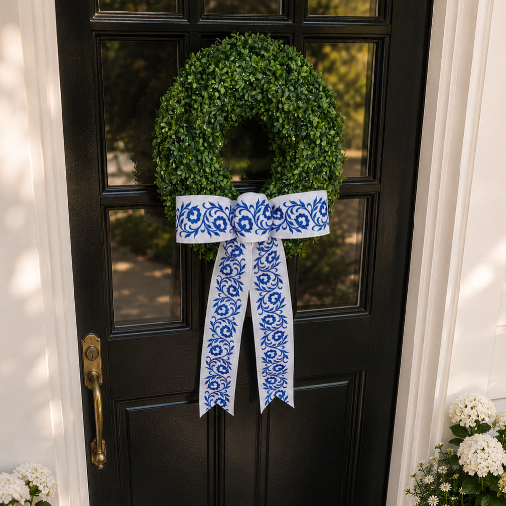 17"W X 20"L BLUE/WHITE SHOESTRING PRE-MADE BOW 2