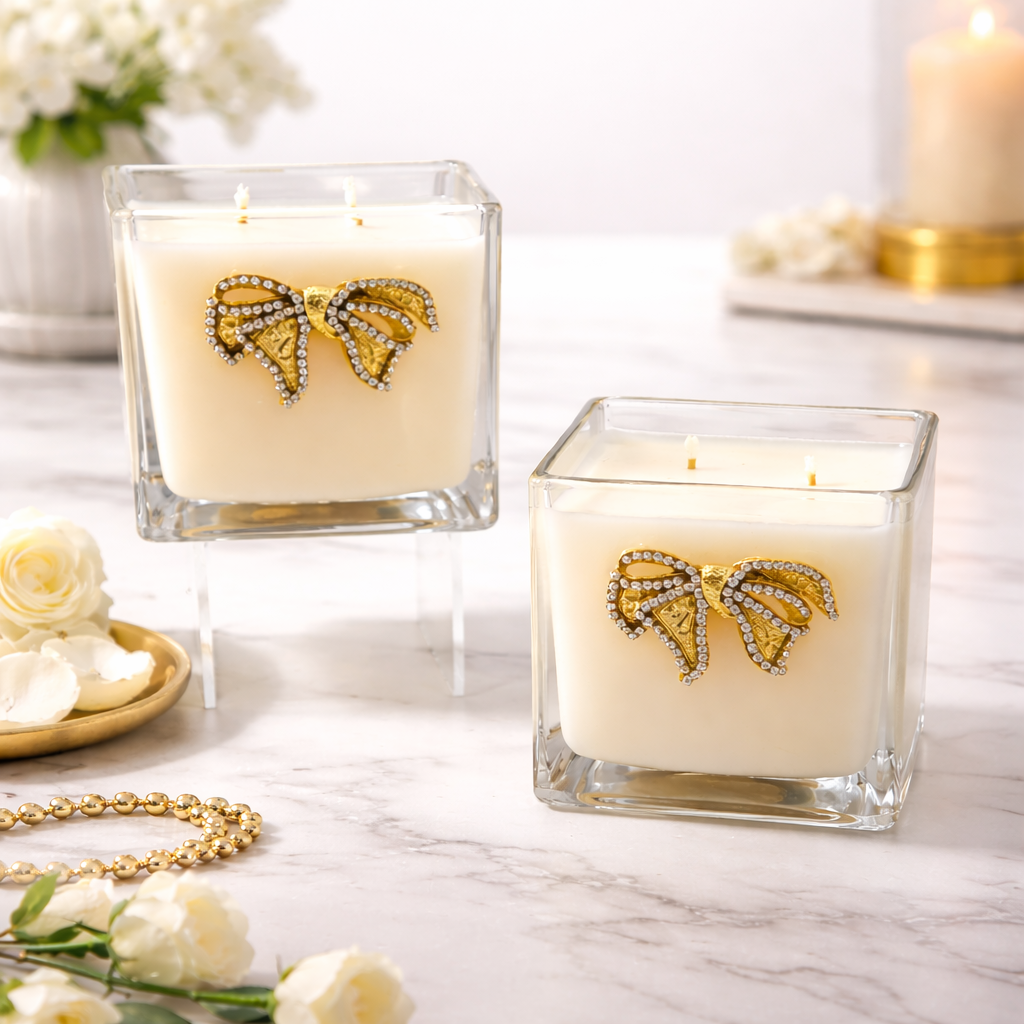 Blue Hydrangea 20 oz Square Glass Candle with Bow Embellishment