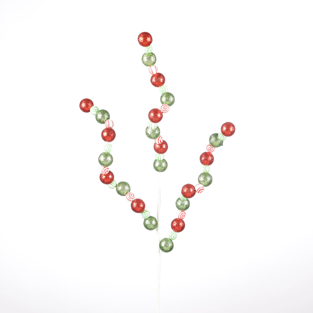 30.5" WHITE/GREEN/RED GLITTER BALL FLORAL STEM