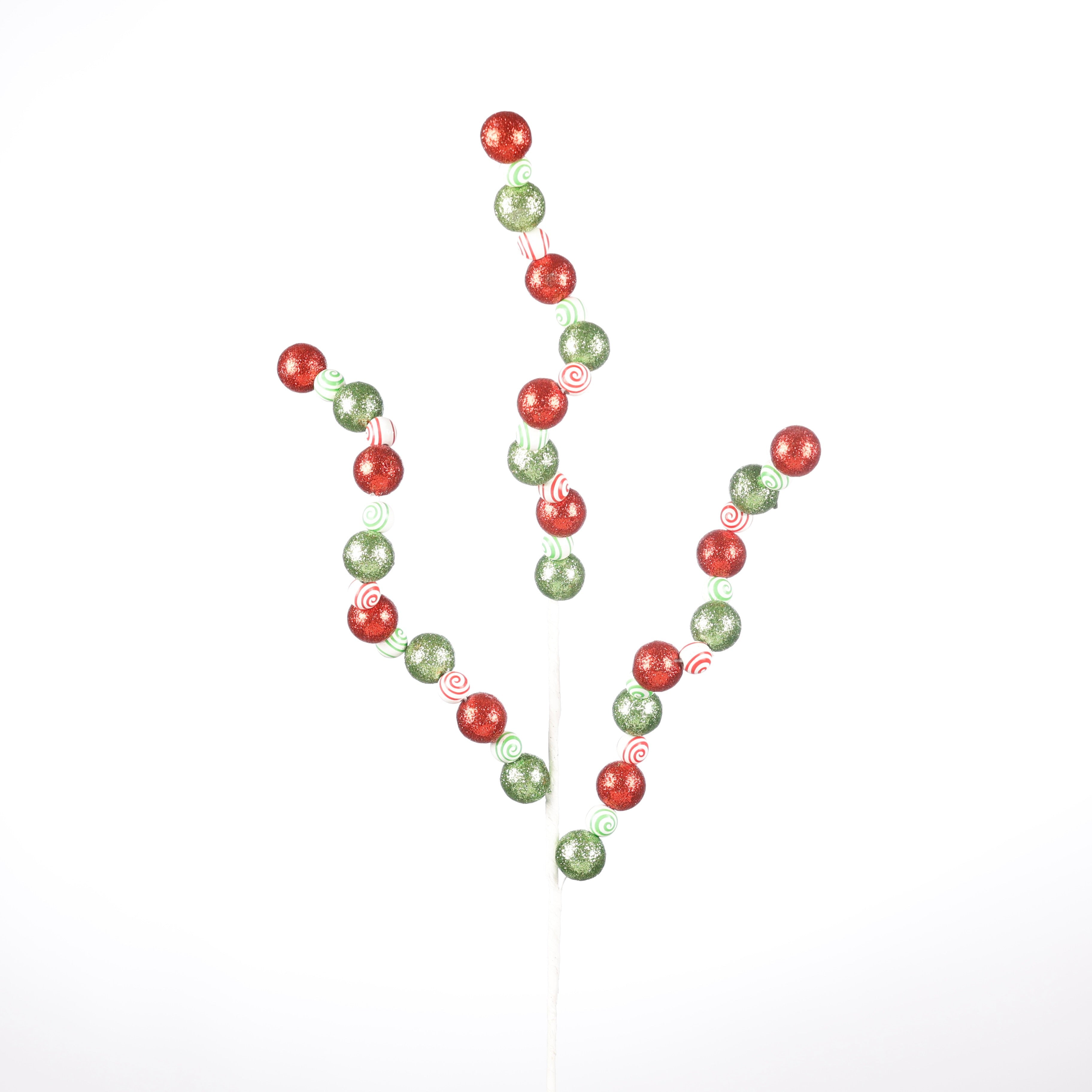 30.5" WHITE/GREEN/RED GLITTER BALL FLORAL STEM