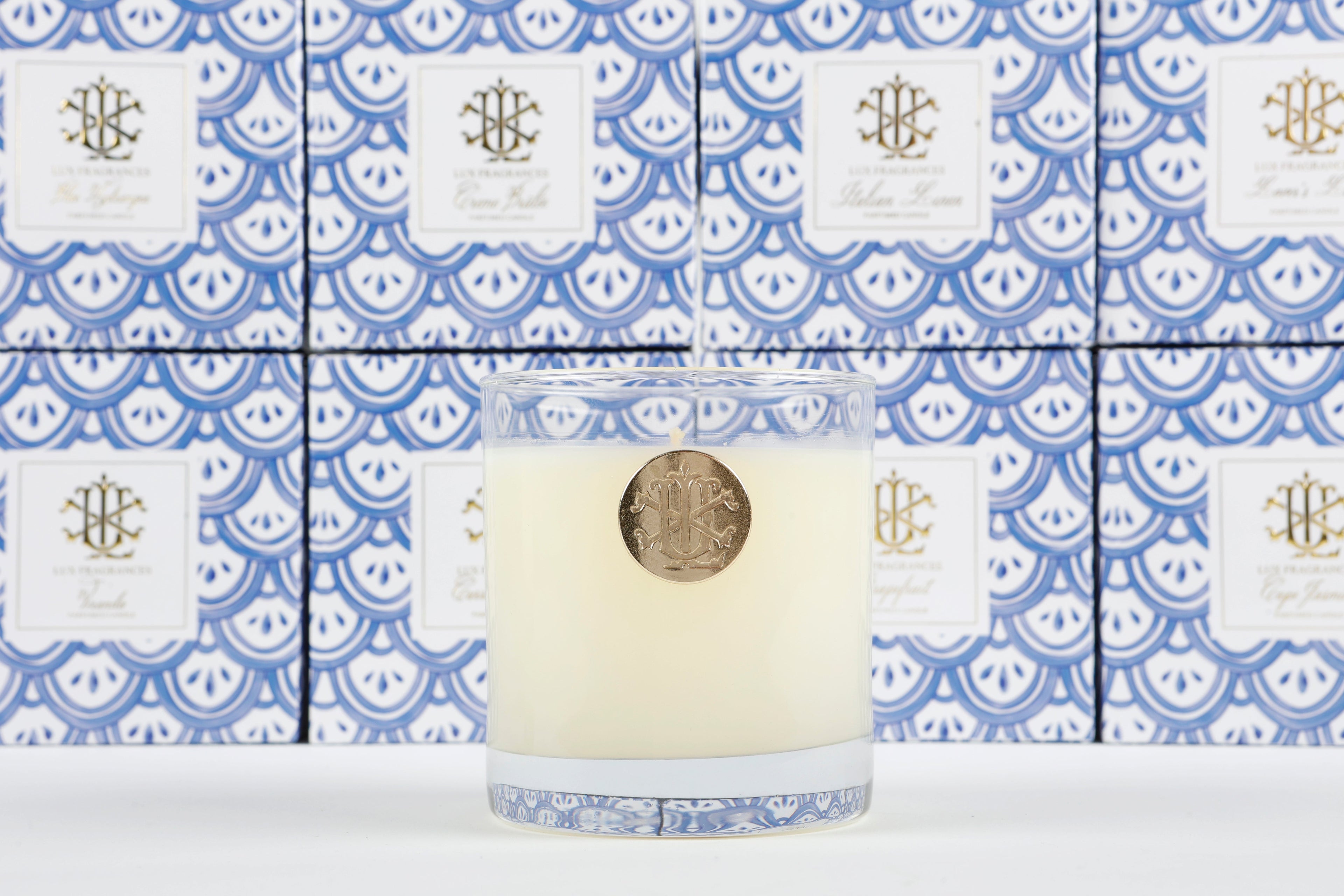Lover's Lane 8 oz Blue and White Designer Box Candle