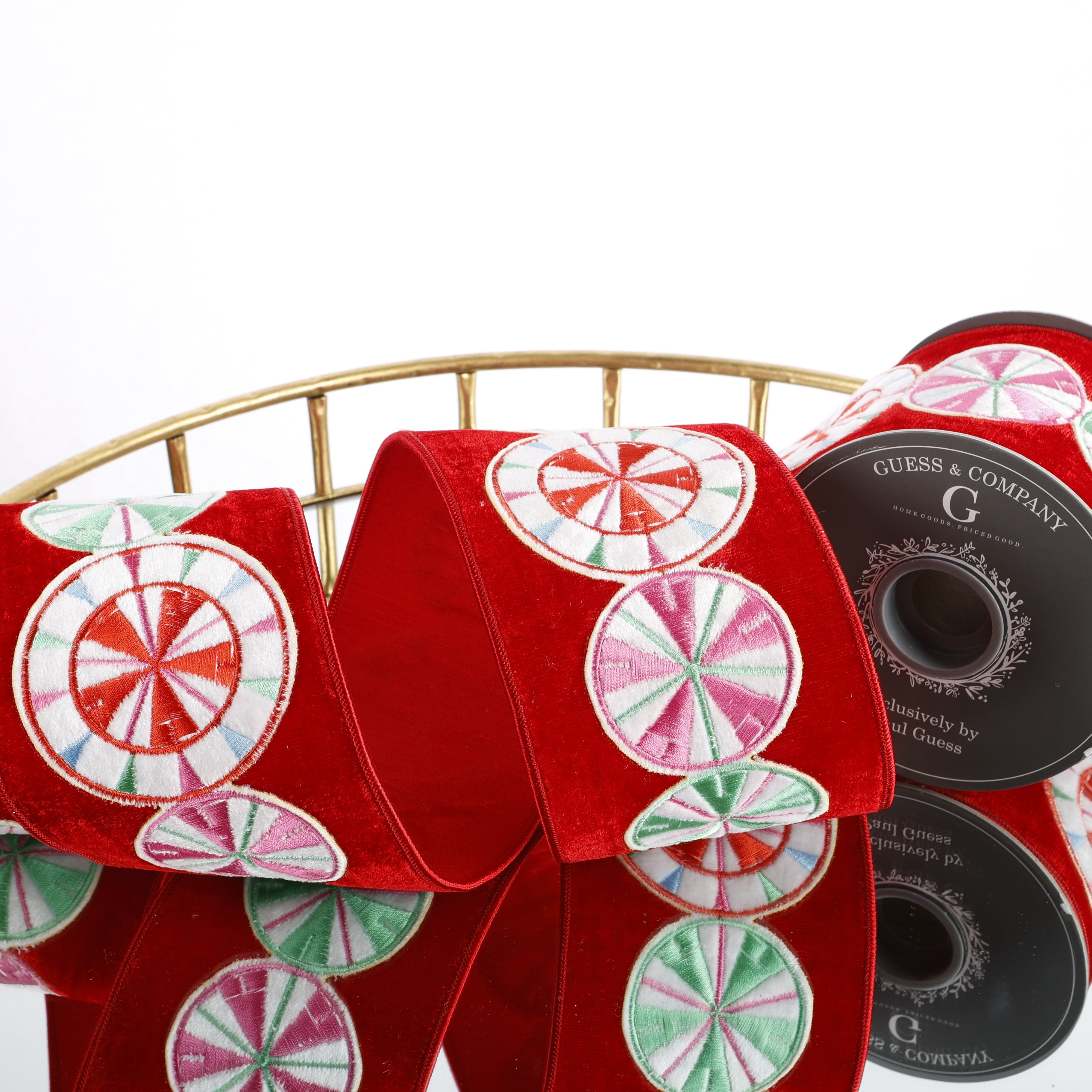 4" X 5 YDS EMB ON RED PLUSH VELVET WITH RED DUPION BACK RIBBON