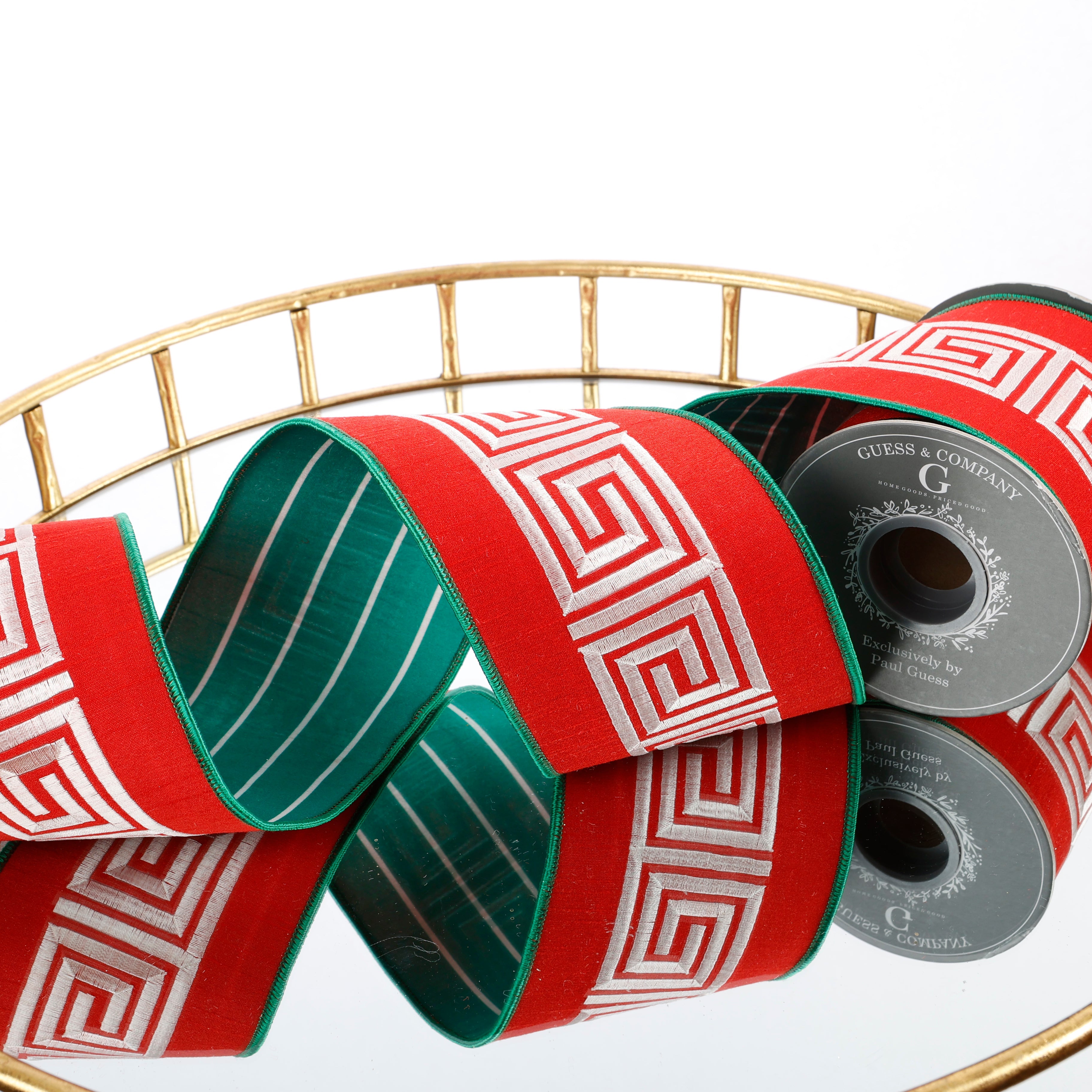 4" X 5 YD GREEK KEY EMB ON RED DUPION WITH GREEN/WHITE BACK RIBBON
