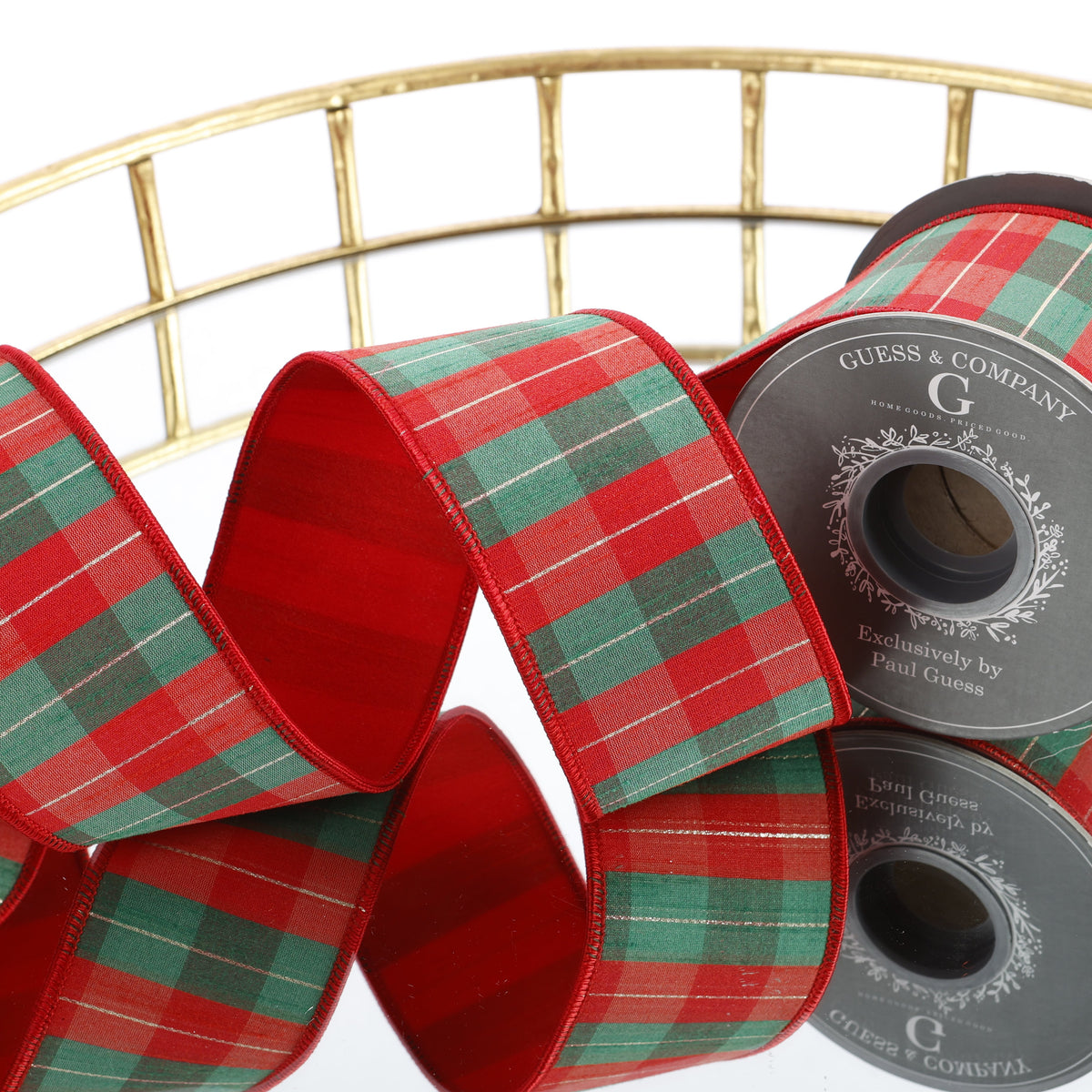 4" X 5 YD RED, GREEN & GOLD CHECK DUPION WITH RED DUPION BACK RIBBON