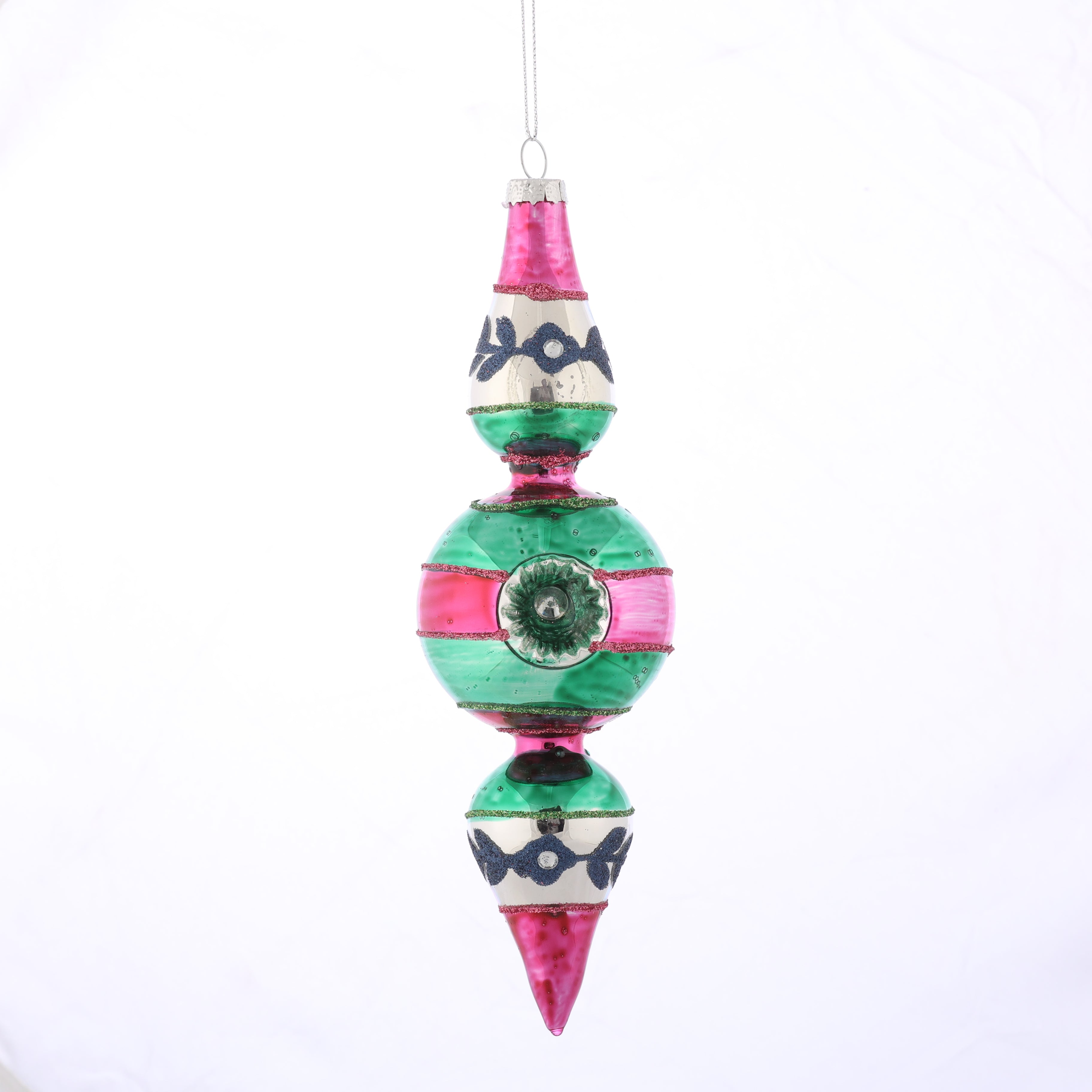 2.35" x 7" GLASS FINIAL ORNAMENT GREEN CENTER