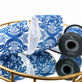 4" WHITE WITH BLUE SCROLL EMBROIDEREY DESIGN RIBBON 5YD