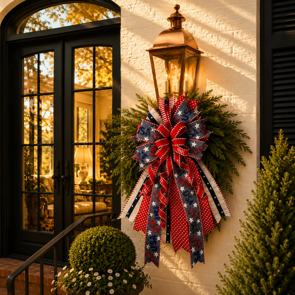 18" X 40" Red, White & Denim - Premade Bow