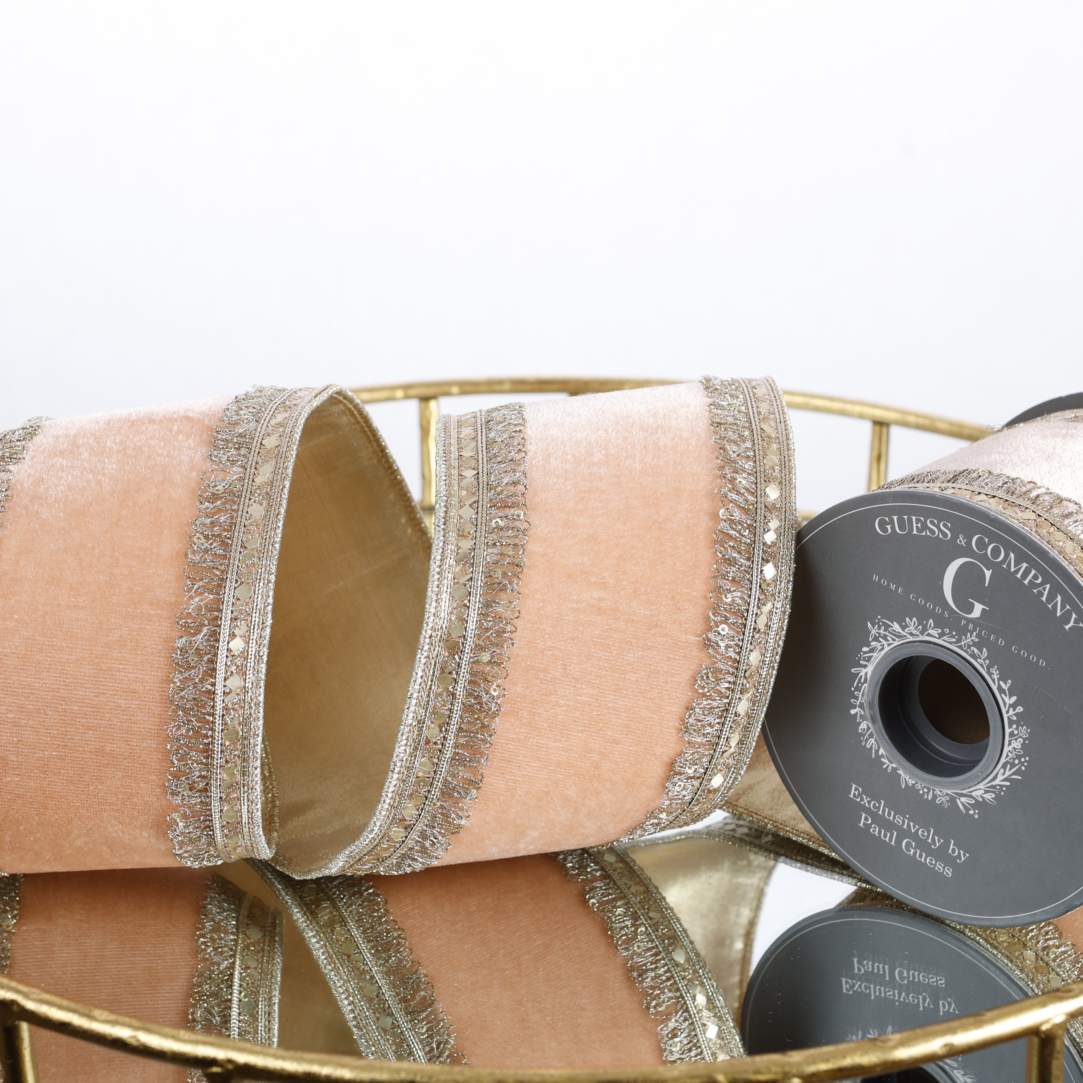 4" X 5 YD TRIM ON PEACH PLUSH VELVET WITH LT GOLD DUPION BACK RIBBON