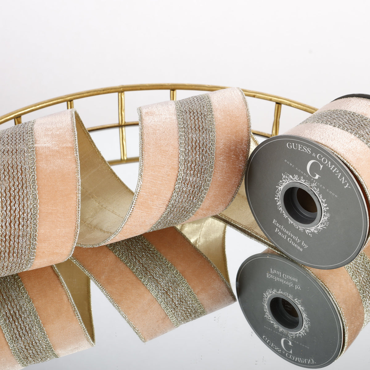 4" X 5 YD TRIM ON PEACH PLUSH VELVET WITH LIGHT GOLD METALLIC DUPION BACK