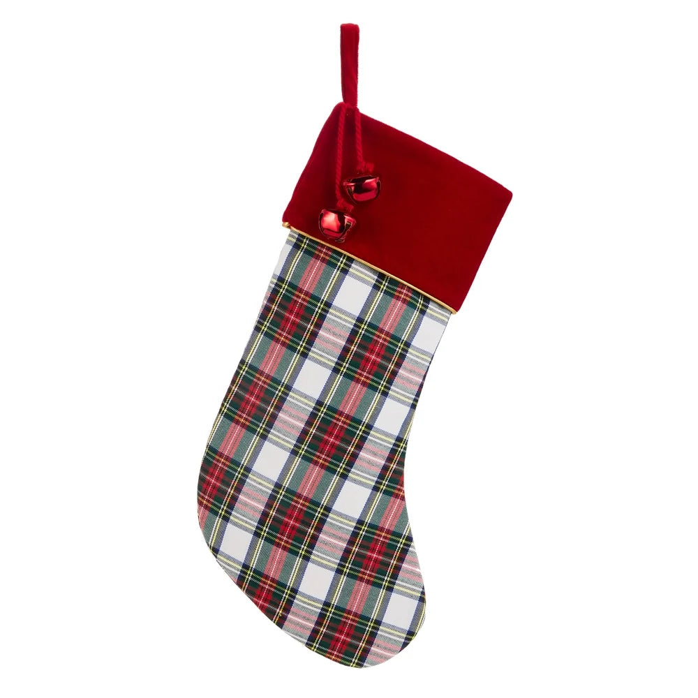 20" White Plaid Stocking with Bells
