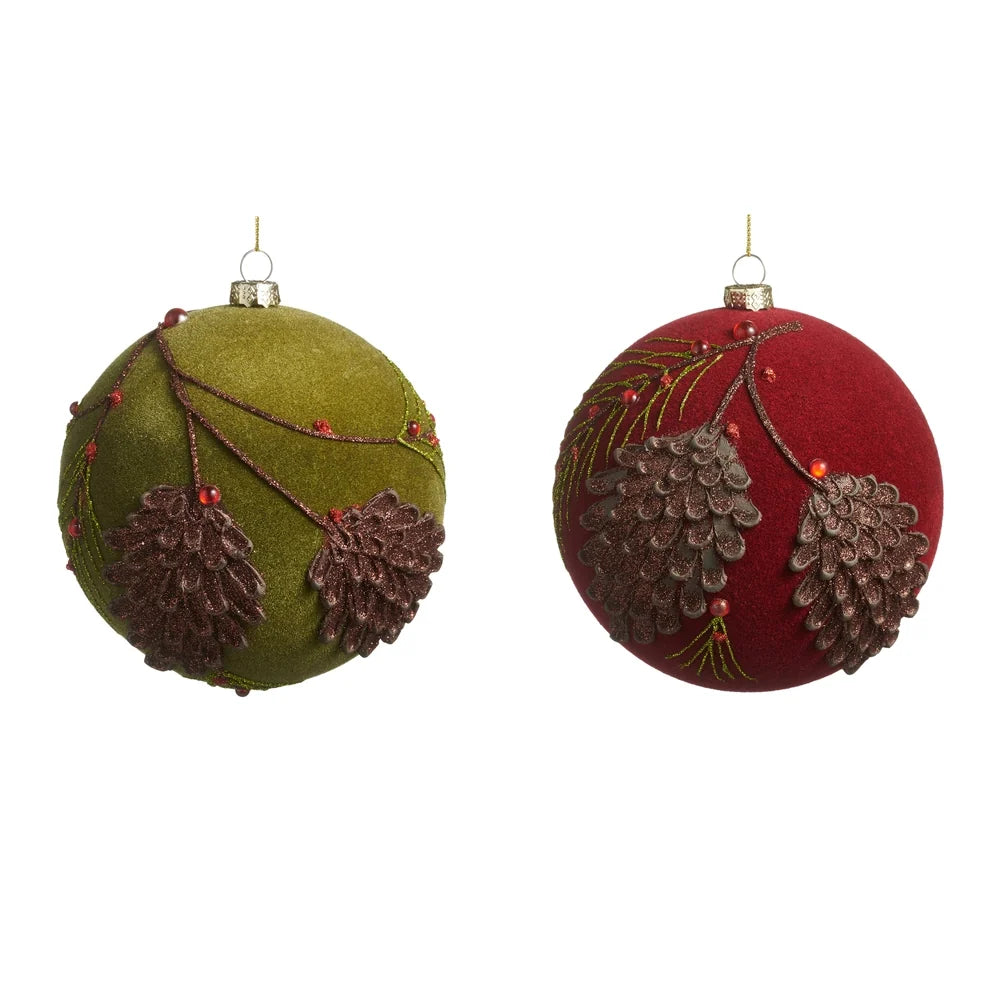 5" Flocked Glitter Pinecone Ball Ornament (GREEN ONLY)