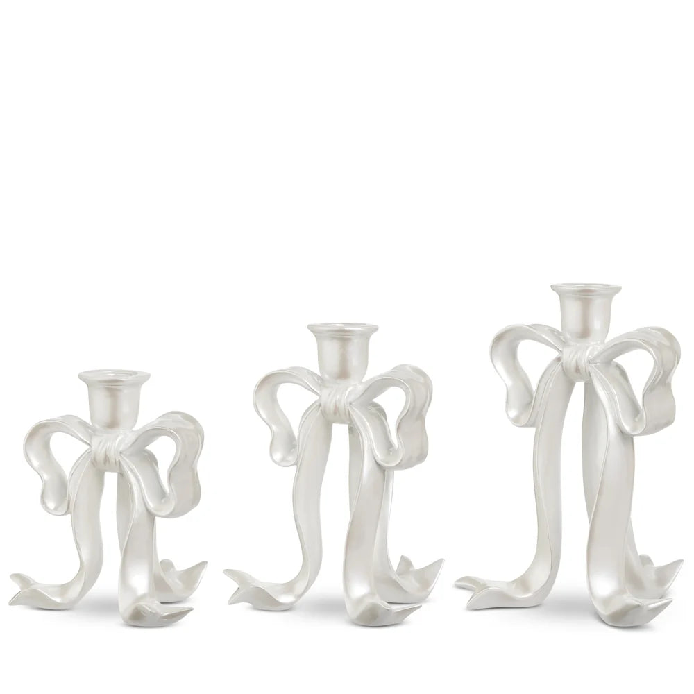 6.5" White Pearlescent Bow Candlesticks (SMALL ONLY)