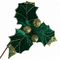 12.5" Diameter Emerald Velvet Holly Leaf Spray with emerald and gold beads