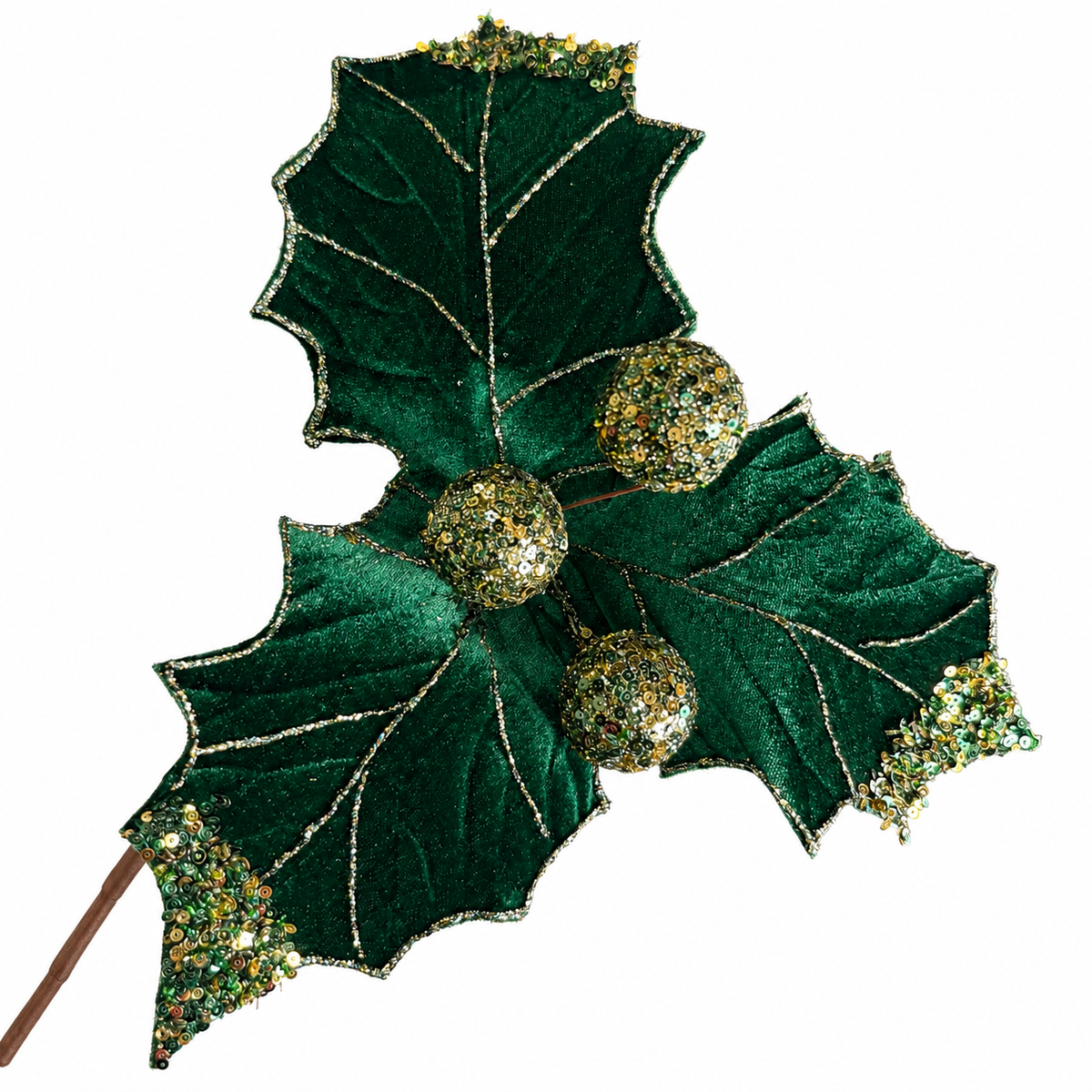 12.5" Diameter Emerald Velvet Holly Leaf Spray with emerald and gold beads
