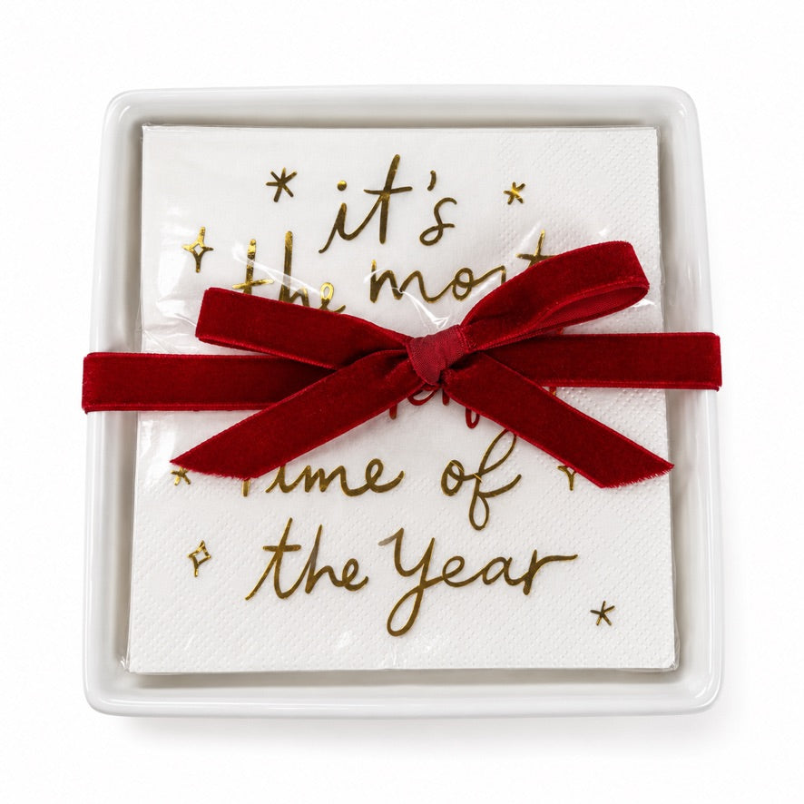 THE MOST WONDERFUL TIME CERAMIC TRAY AND NAPKIN GIFT SET
