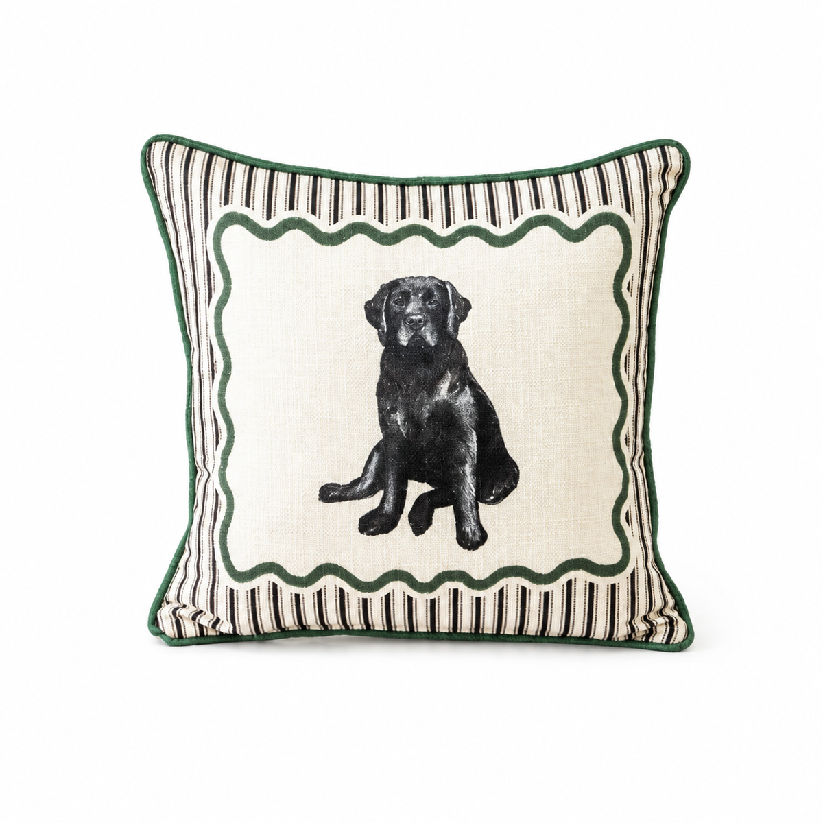 BLACK LAB WIGGLE PILLOW WITH PIPING WREATH