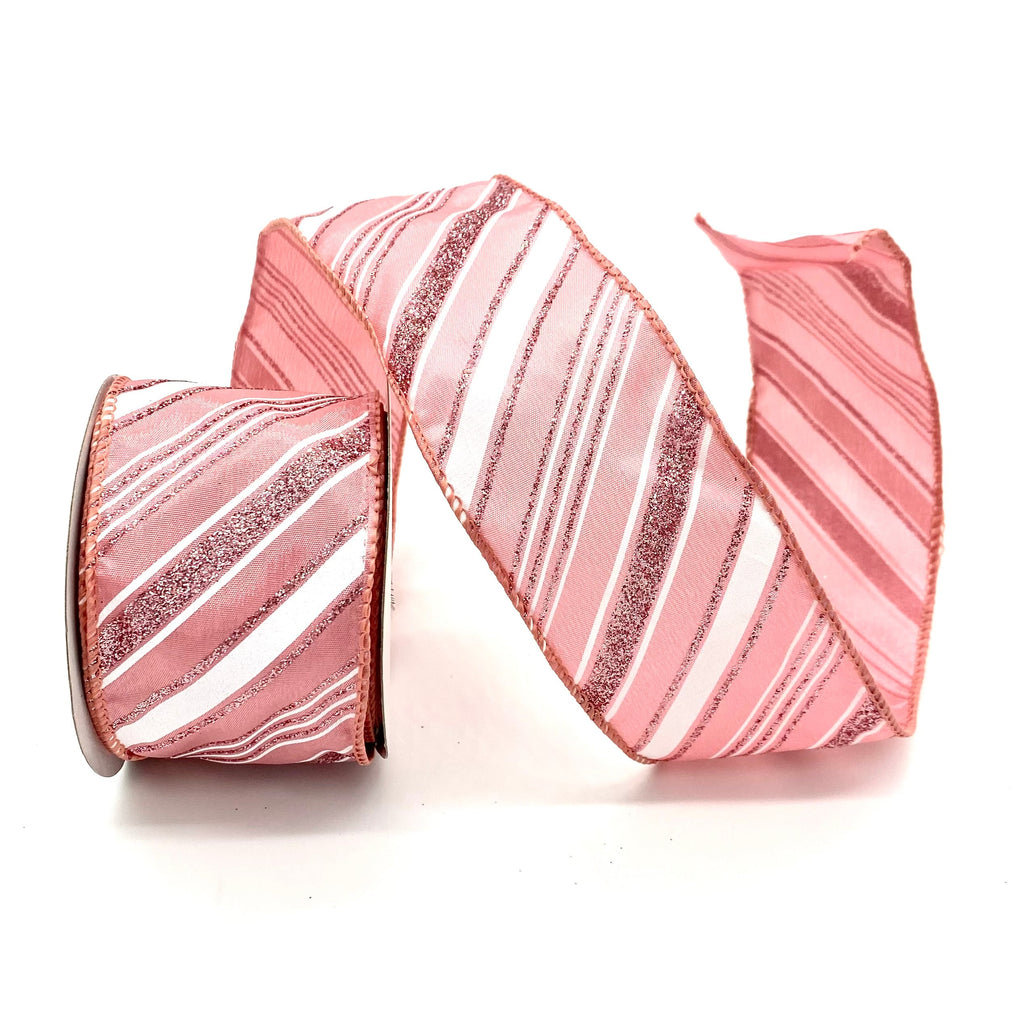 2.5" X 10 YARD PINK/WHITE DIAGONAL STRIPE ON PINK RIBBON