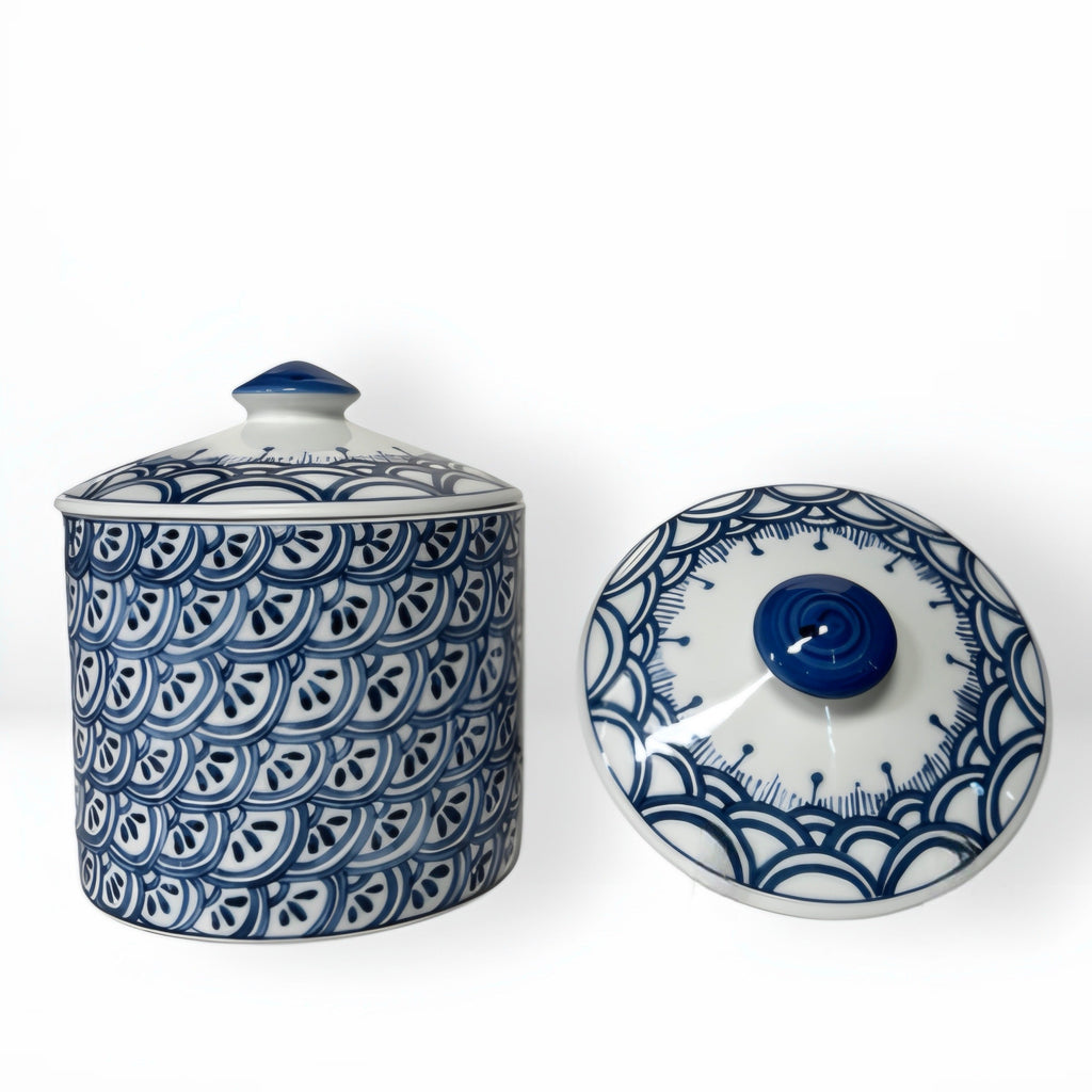 6" BLUE AND WHITE LIME WEDGES PORCELAIN CANDLE CANISTER WITH LID