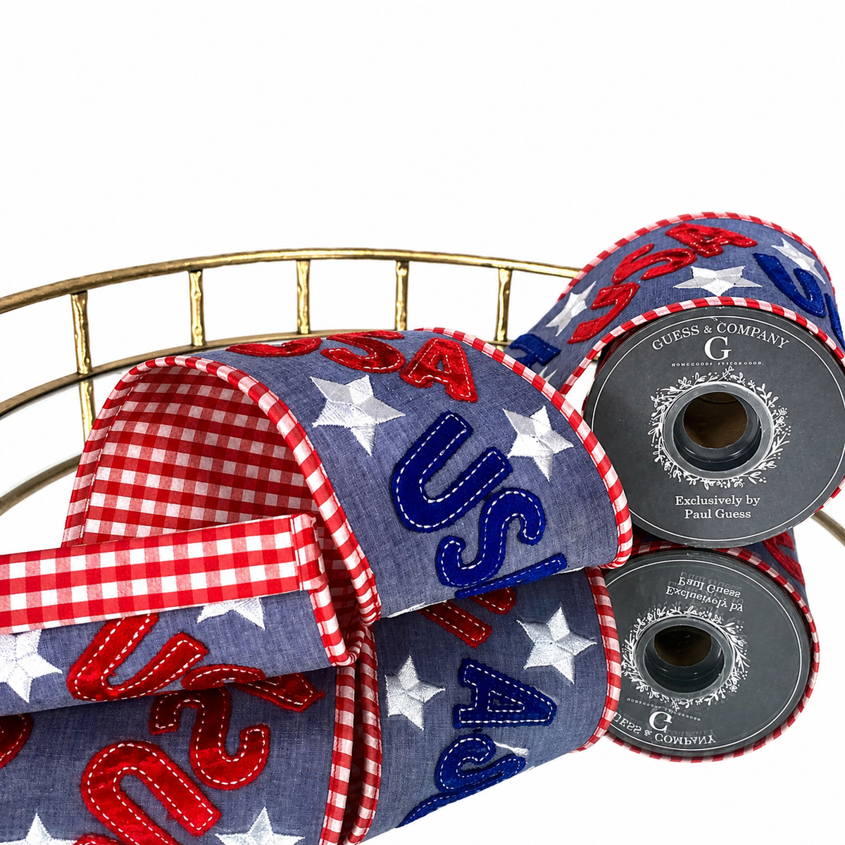 4"X5YD EMBROIDERED DENIM WITH RED/WHITE STRIPE BACKING AND EDGE