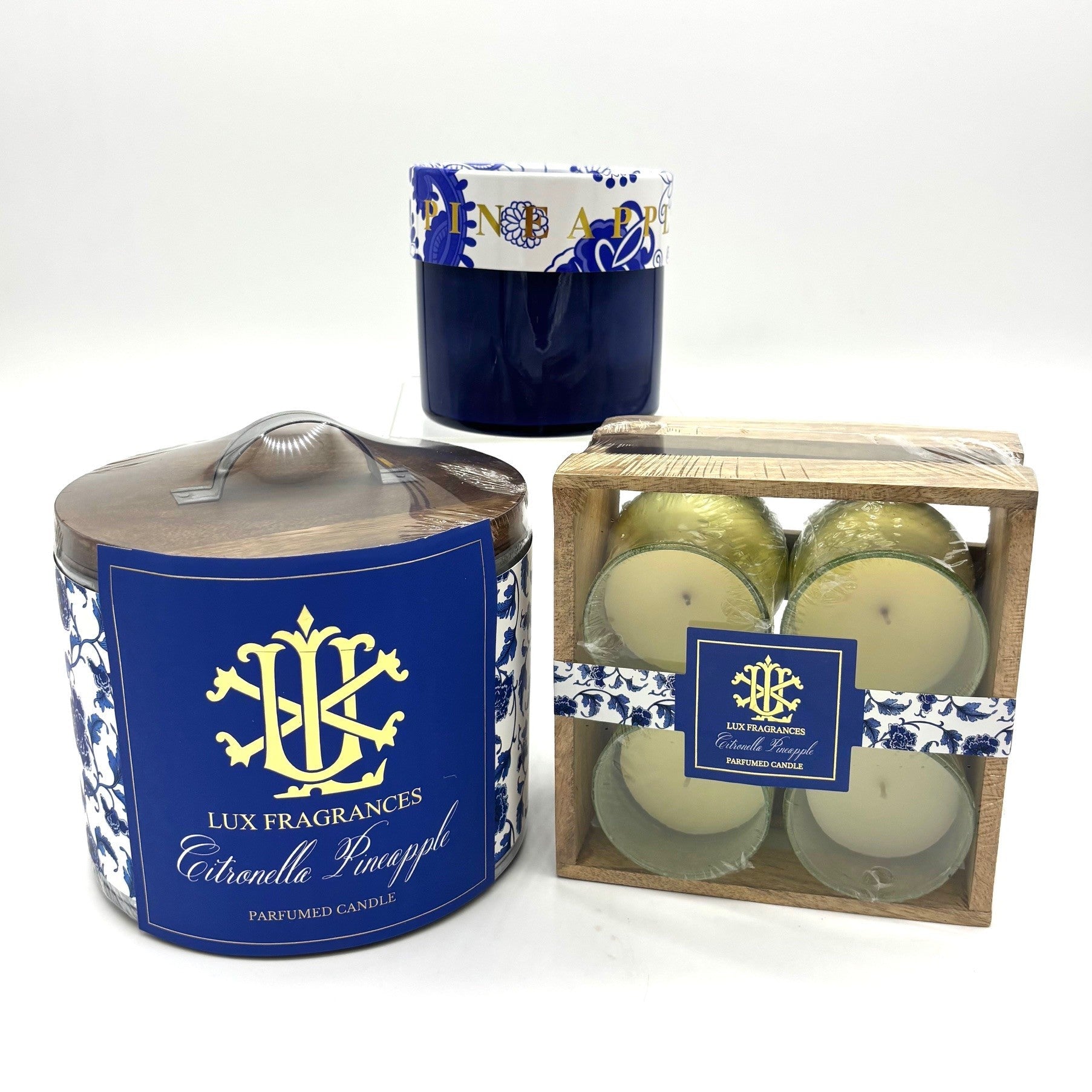 SET OF 4 VOTIVES WITH WOODEN CRATE-CITRONELLA PINEAPPLE
