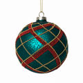 5" D Glass Ball Ornament with Plaid Bead-Green