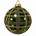 4" Diameter Green Glass Ball with Brown and Gold Plaid Beads