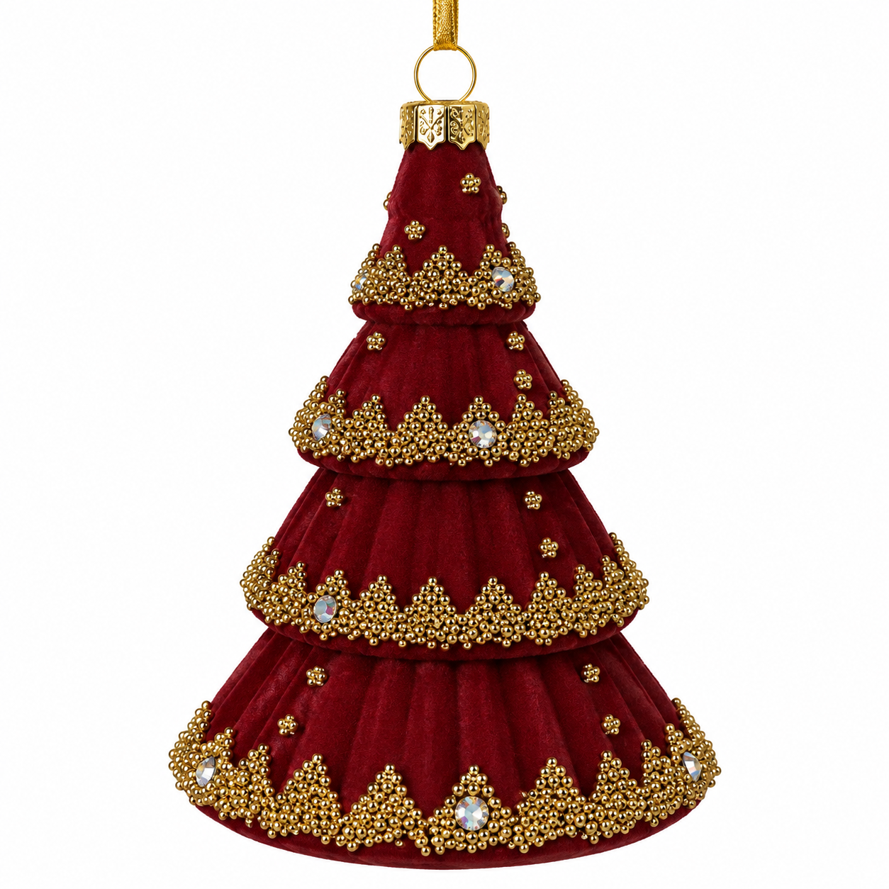 5.5" Glass Christmas Tree Ornament  Burgandy with Gold Beads