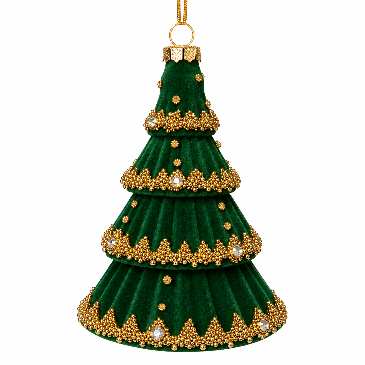 5.5" Glass Christmas Tree Ornament  Green with Gold Beads