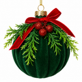 4" Diameter Glass Ball Green Flocked Ornament with Bow