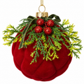 4" Diameter Glass Ball Red Flocked Ornament with Bow