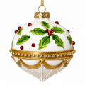 4" White Glass Ornament Onion with Holly and Gold Detail