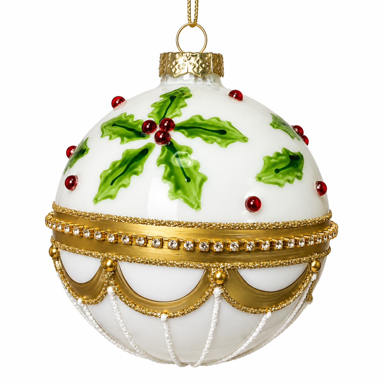 4" White Glass Ornament Ball with Holly and Gold Detail