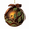 4" Diameter Glass Ball Brown with Holly Beaded Design and Bow