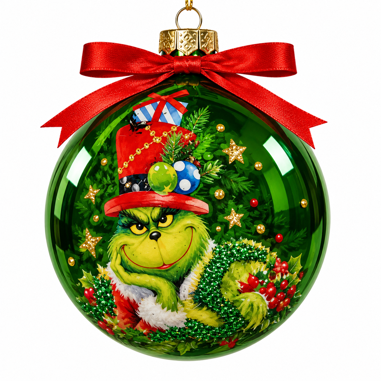4" Glass Grinch Ball Ornament with Bow