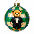 4" Diameter Gold and Green Plaid with Teddy Bear Glass Ball Ornament