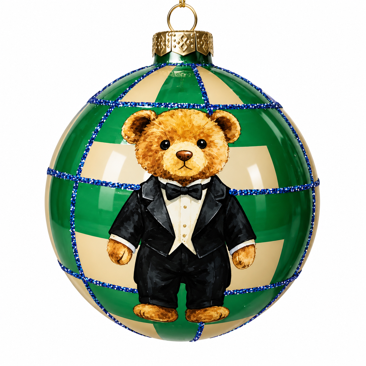 4" Diameter Gold and Green Plaid with Teddy Bear Glass Ball Ornament