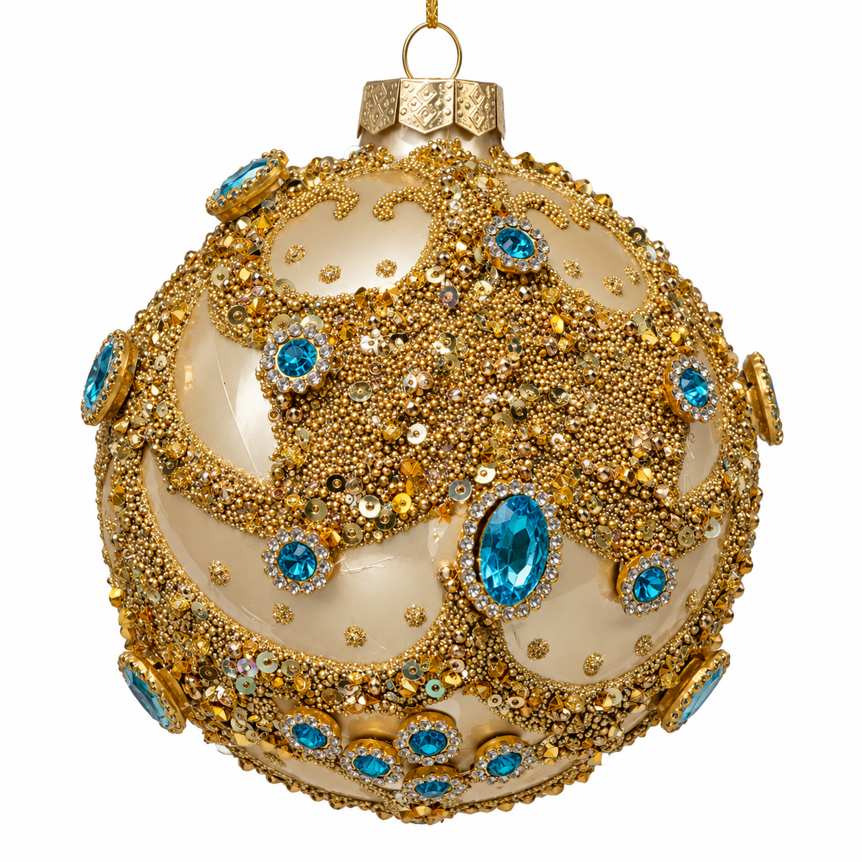4" Diameter Gold Glass Ball Ornament with Beads and Jewels