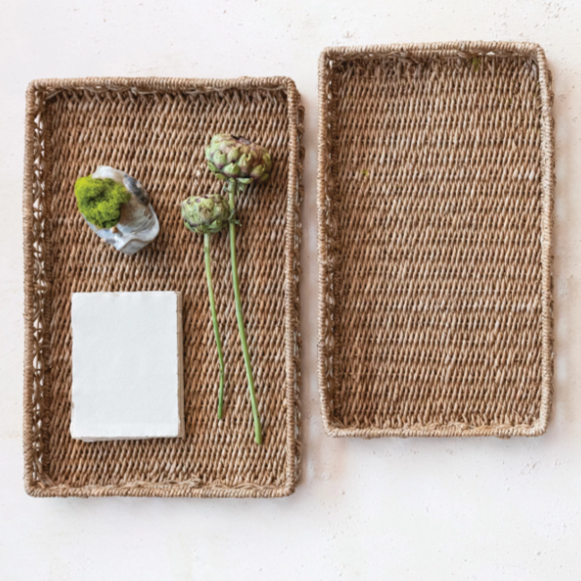Decorative Hand-Woven Water Hyacinth & Rattan Trays w/ Handles, LARGE ONLY