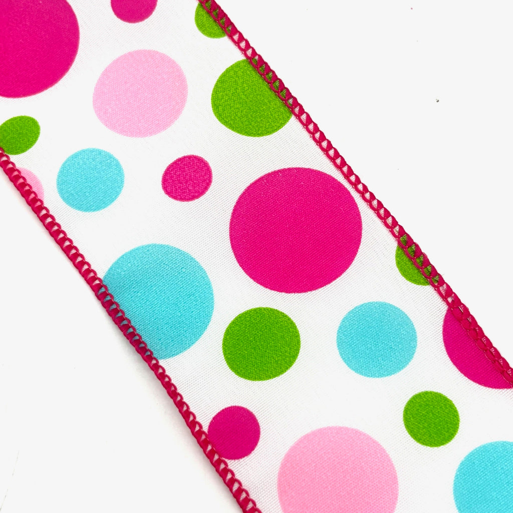 2.5"x10Y PINK/GREEN/BLUE DOT ON WHITE RIBBON