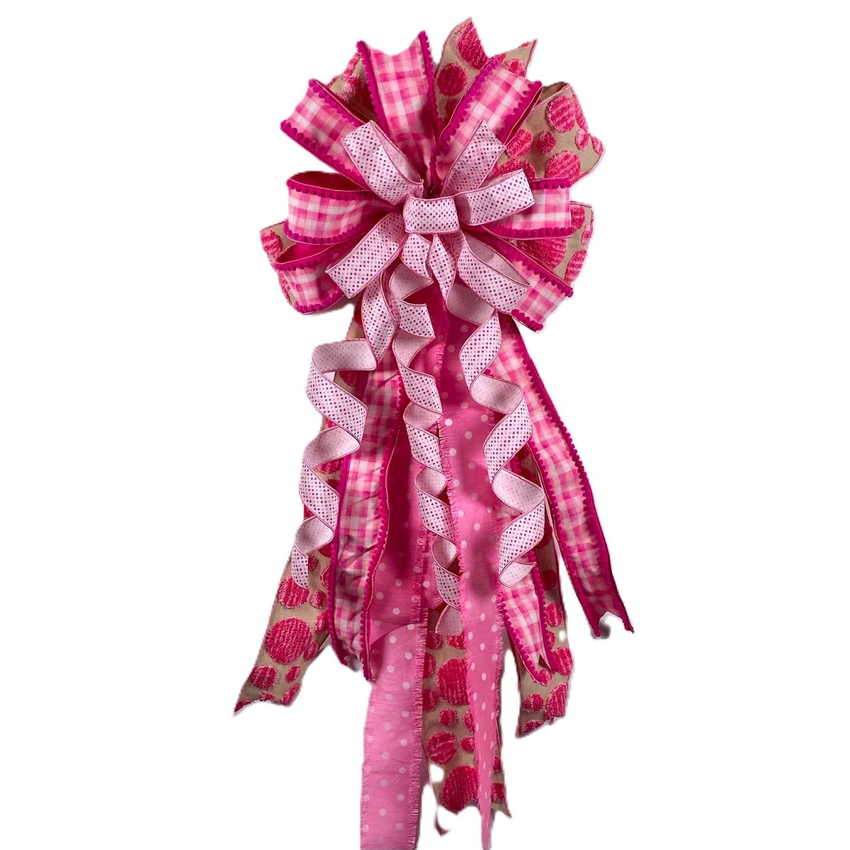 16"W X 44"L PINK POLKA-DOT ON LINEN PRE-MADE BOW