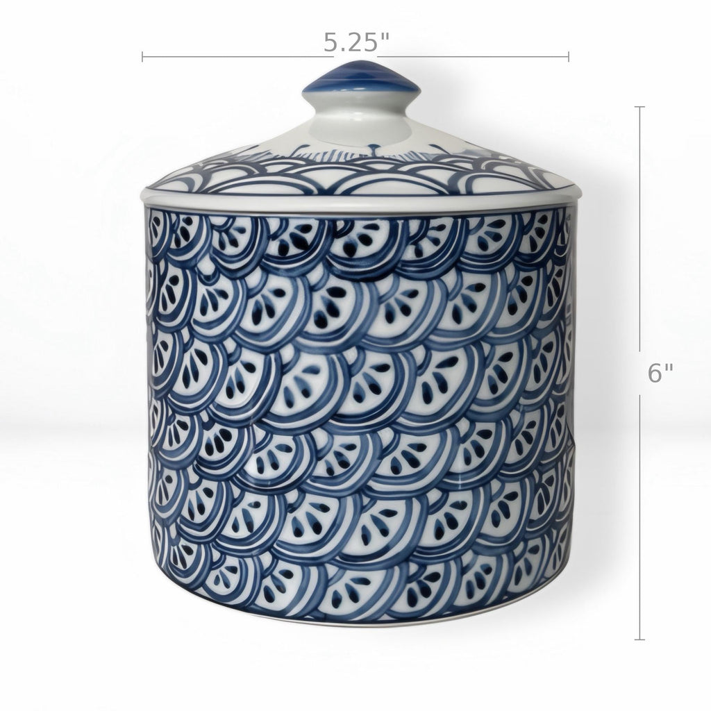 6" BLUE AND WHITE LIME WEDGES PORCELAIN CANDLE CANISTER WITH LID