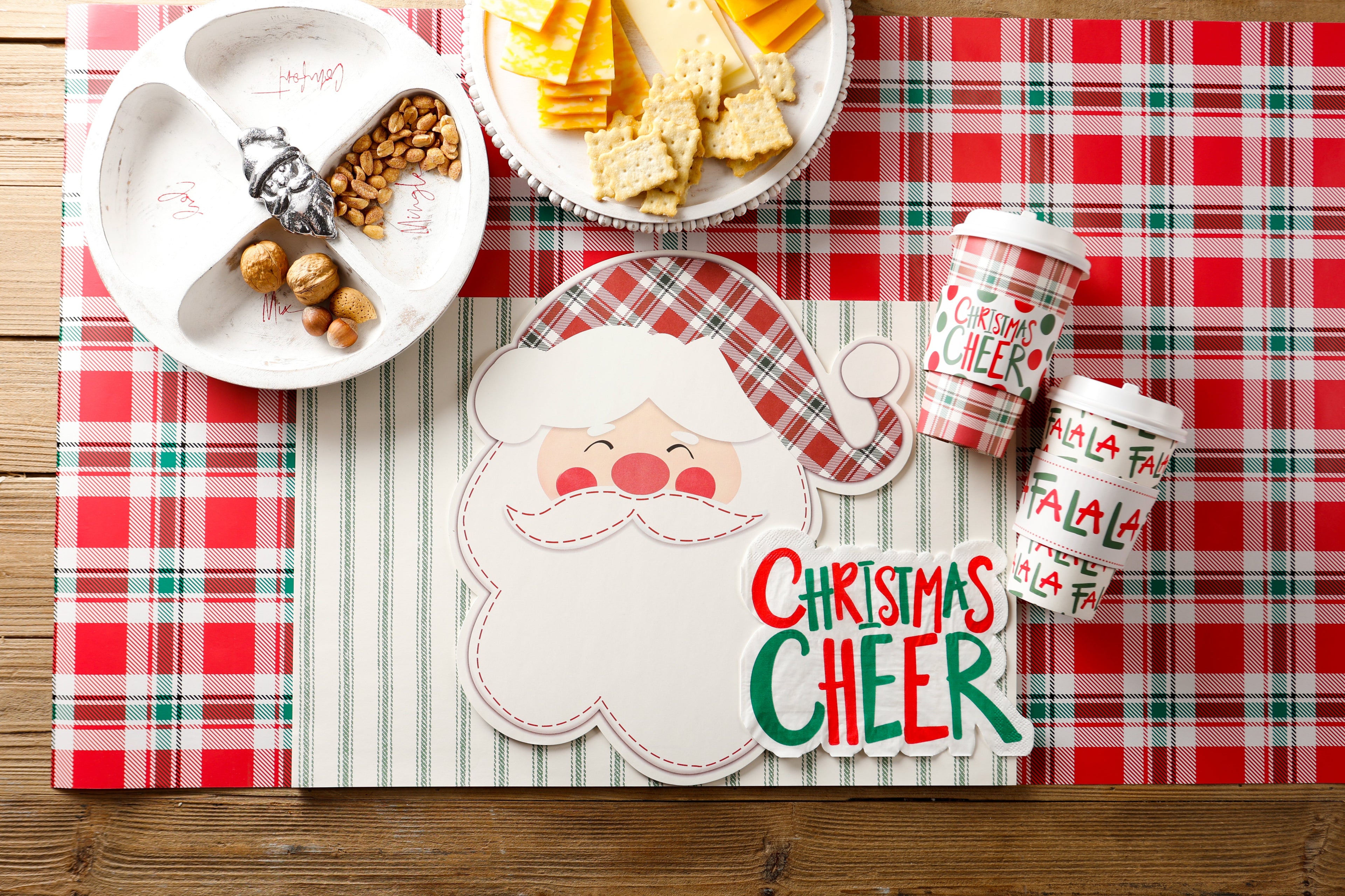 Set Of 8 Cups - Red/Green Plaid With Polka Dot Christmas Cheer Sleeve Hot/Cold Cup With Lid