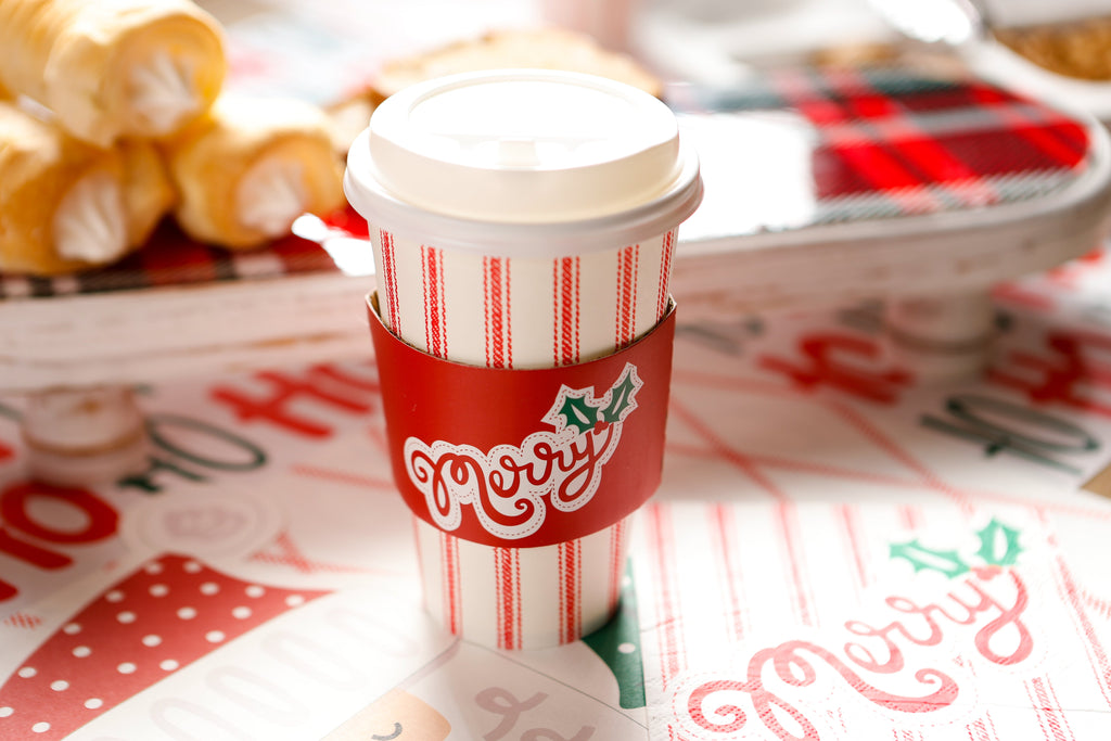 Set Of 8 Cups - Red Ticking With  Merry Sleeve Hot/Cold Cup With Lid