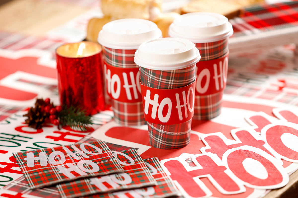 Set Of 8 Cups - Plaid With Red Hohoho Sleeve Hot/Cold Cup With Lids
