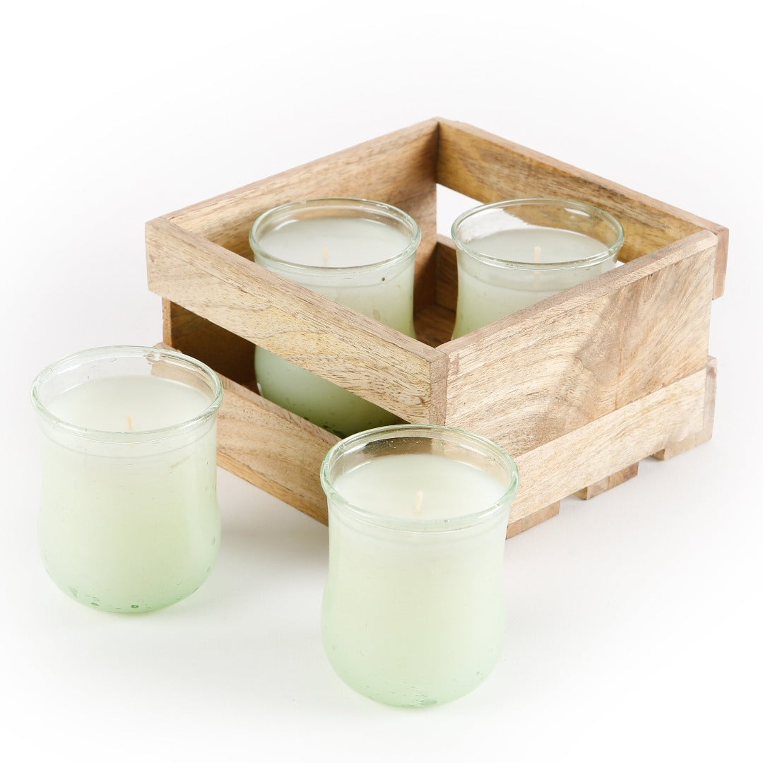 SET OF 4 VOTIVES WITH WOODEN CRATE-CITRONELLA PINEAPPLE