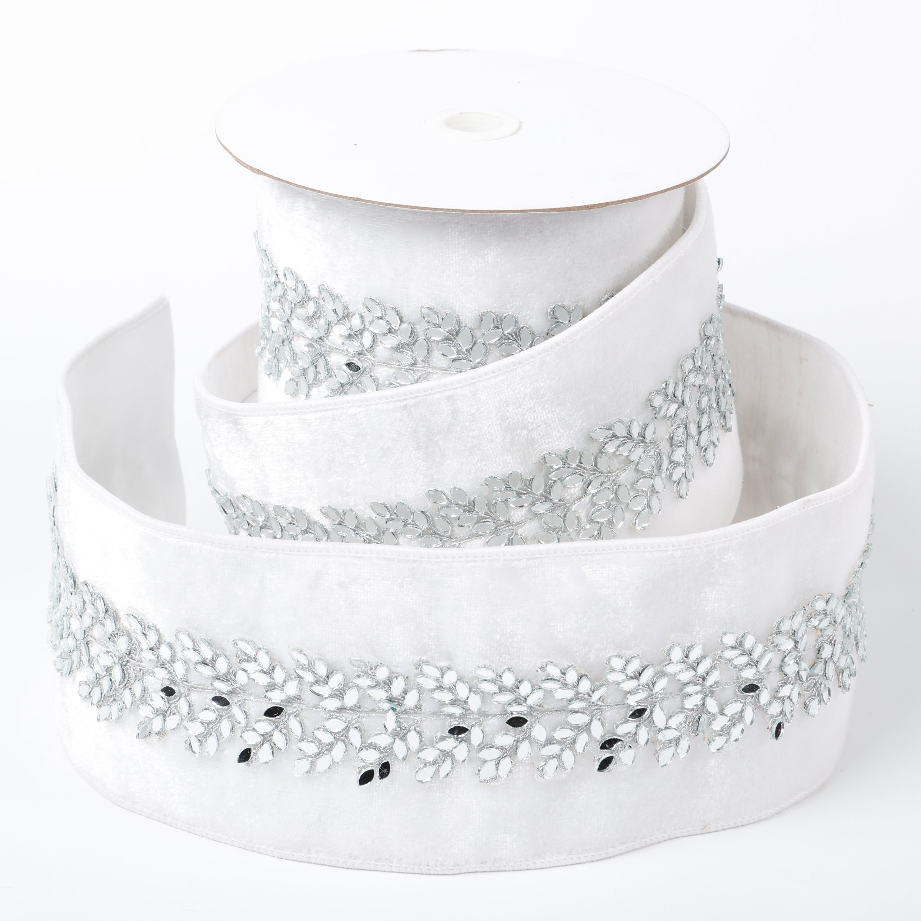 4" X 5 YDS WHITE VELVET MIRRORED DUPION BACKED RIBBON