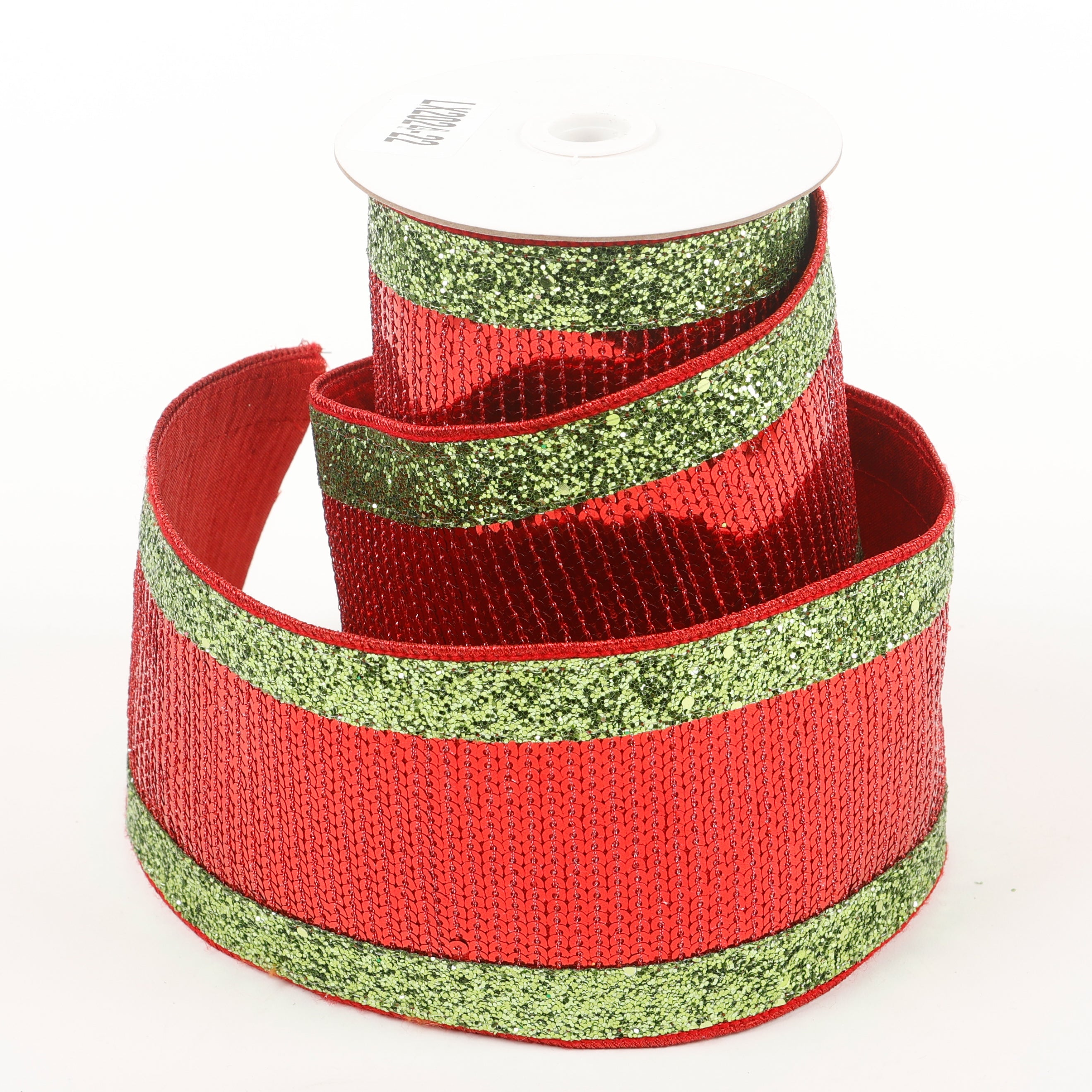 4" X 5 YDS Red Sequin with Green Edging Dupion Backed Ribbon