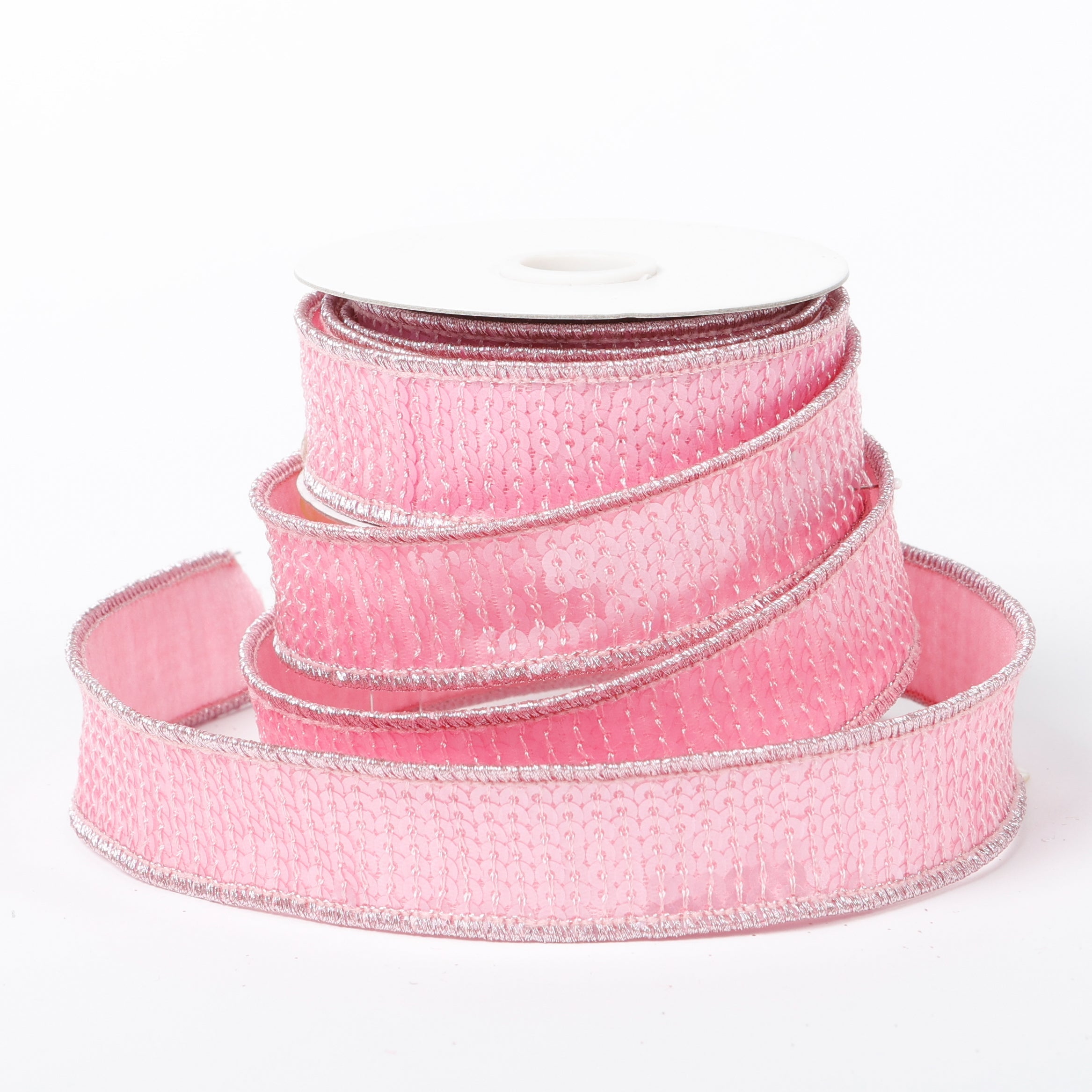 1" X 5 YDS LIGHT PINK SEQUINED DUPION BACKED RIBBON