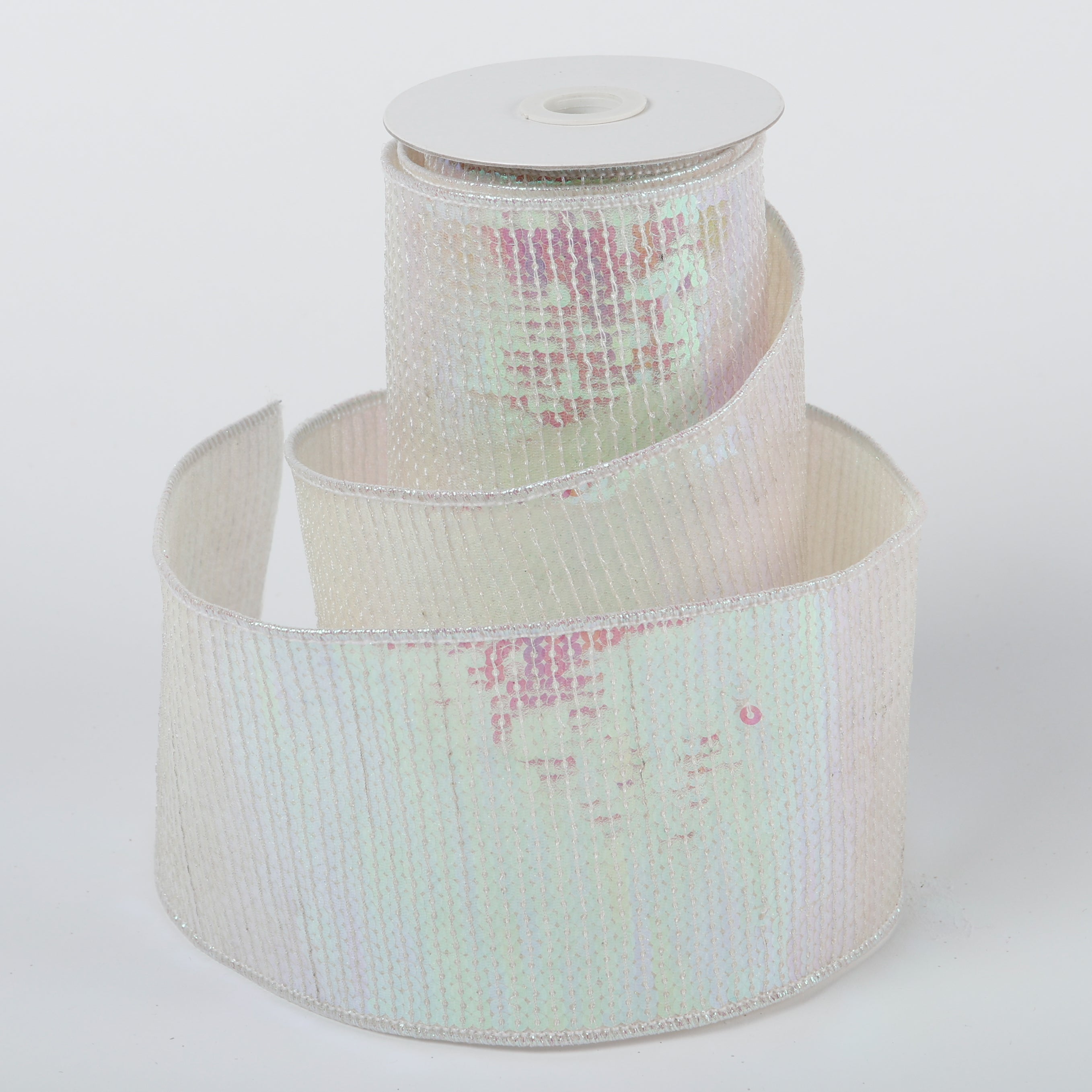 4" X 5 YDS IRIDESCENT WHITE SEQUINED DUPION BACKED RIBBON