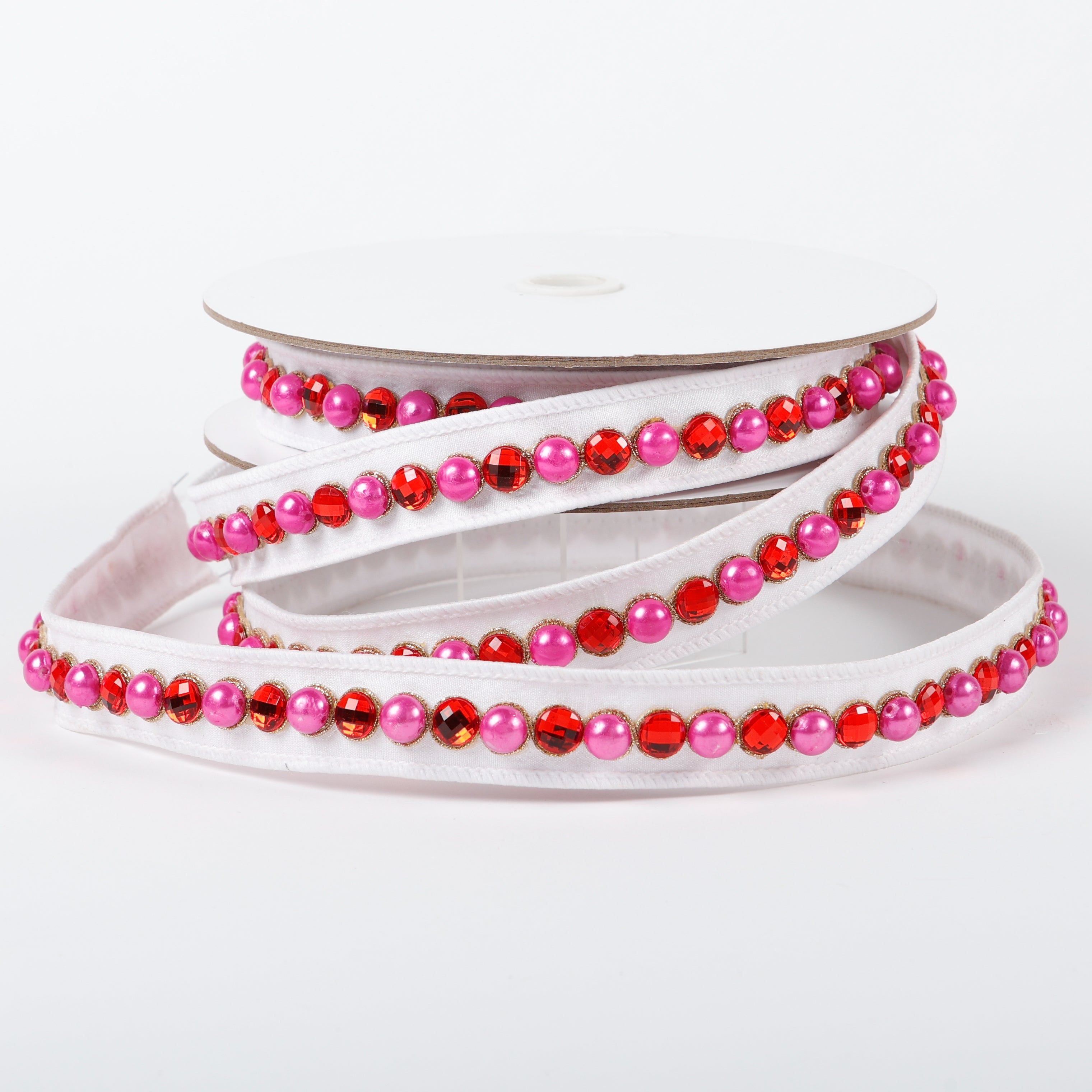 1" X 5 YDS WHITE AND PINK PEARL BEADED DUPION BACKED RIBBON